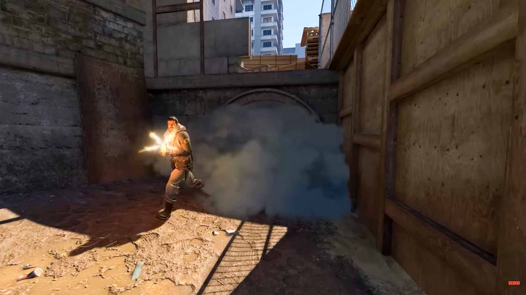 CS2 overpass, T player running through smoke in monster while shooting with SMG, Counter strike 2